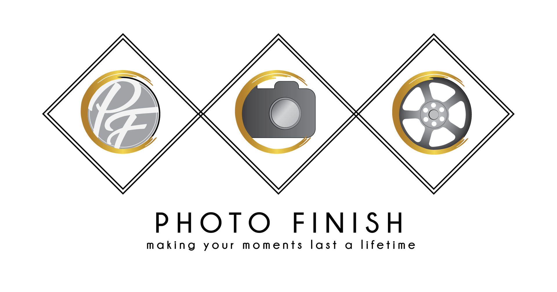 Photo Finish logo with three diamond icons around a camera and film reel, black and gold on white background