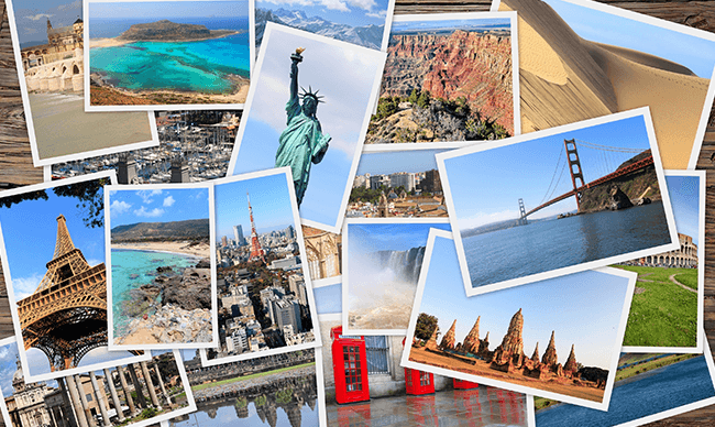 Collage of travel photos featuring beaches, city skylines, the Statue of Liberty, and the Golden Gate Bridge