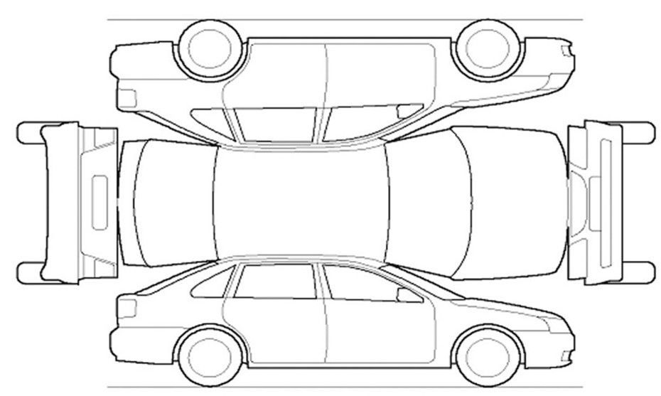 A black and white drawing of two cars stacked on top of each other.