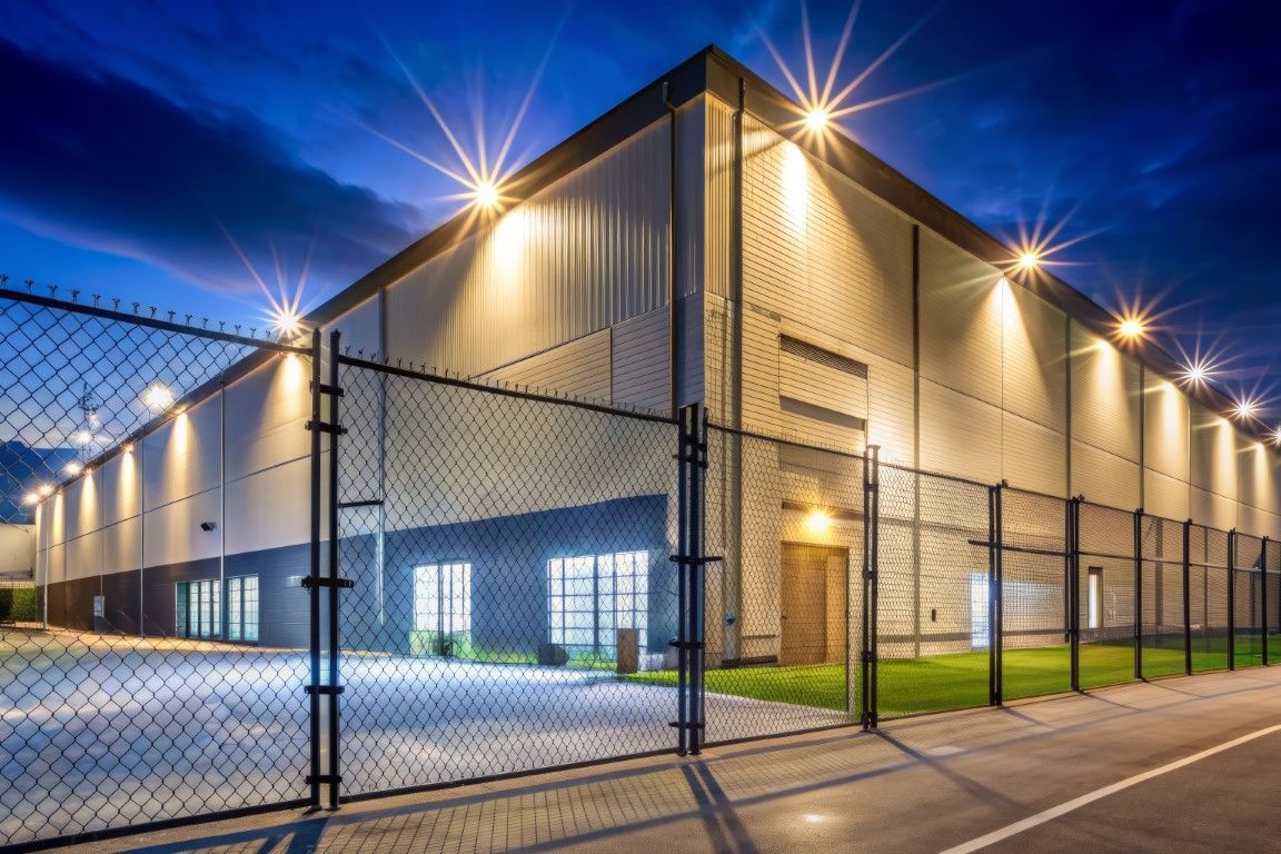 Warehouse building, lit at night, behind a chain-link fence, lights shining.
