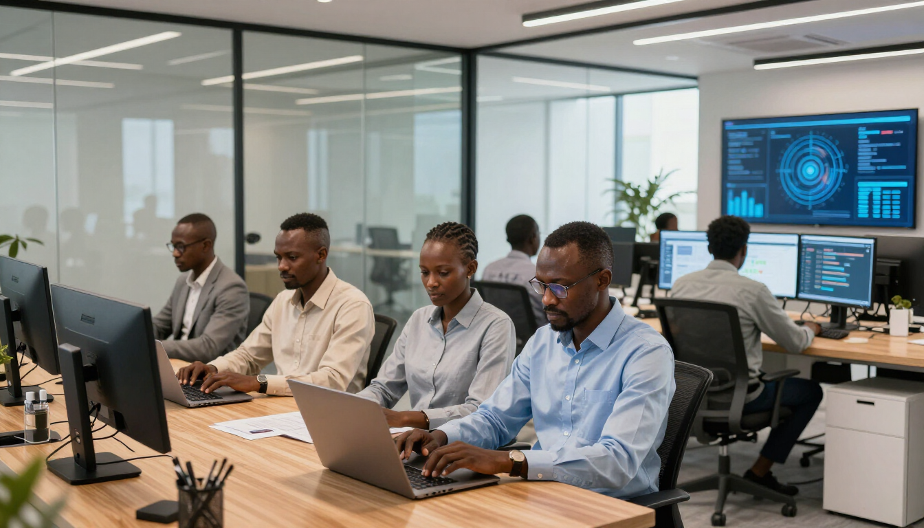 Professionals using AI automation for businesses in a modern office.