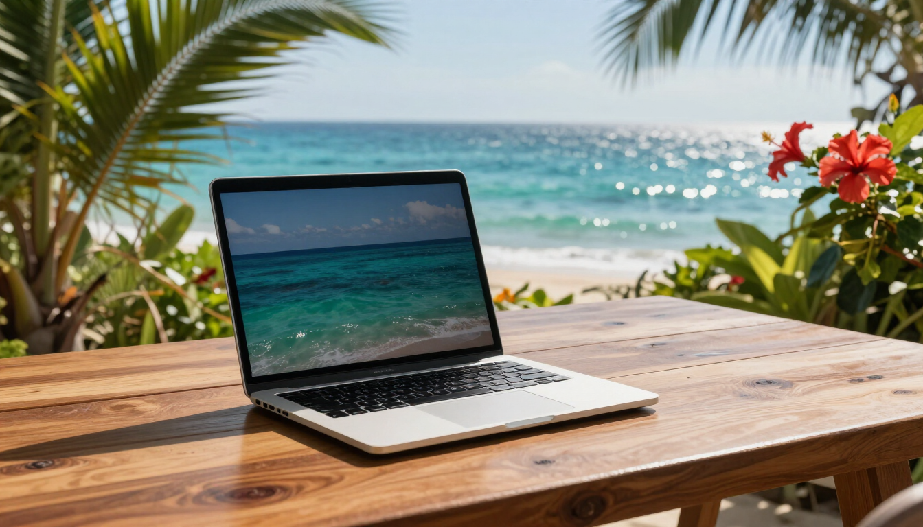 A professional laptop showing website analytics in a tropical Kenyan office setting.
