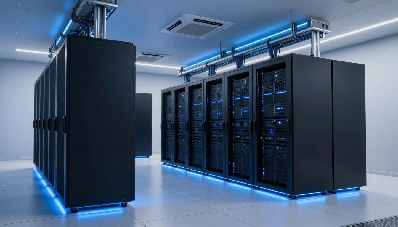 Website hosting server racks in a modern data center