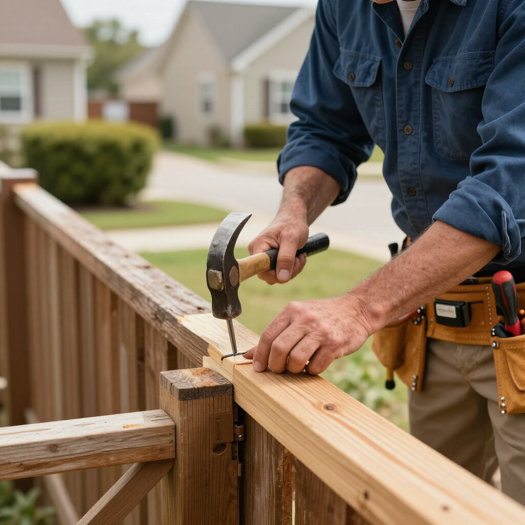 Worker hammering a wooden railing on a suburban porch with a nail and pliers nearby
