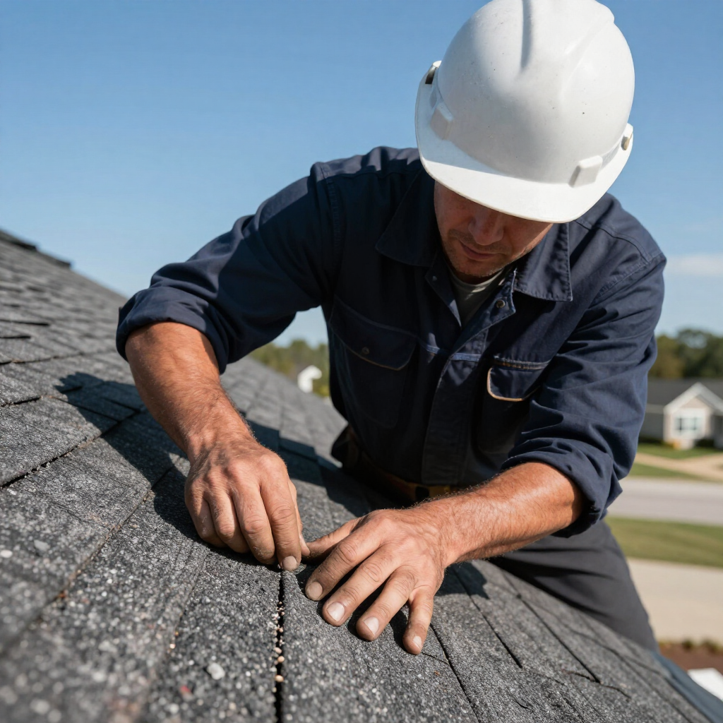 Worker in white hard hat inspecting dark roof shingles on a rooftop
