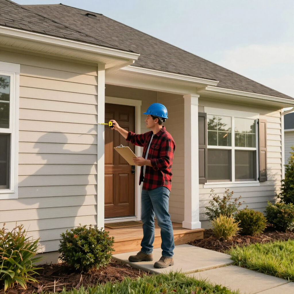 Worker in blue hard hat painting a house exterior by the front door