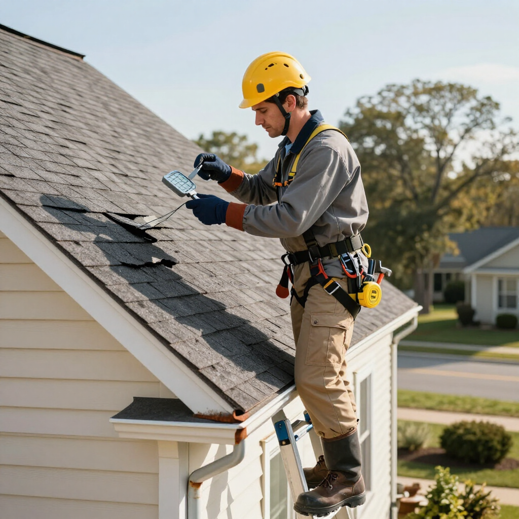 Roofing worker in yellow helmet inspecting shingles on a house roof with a hand tool