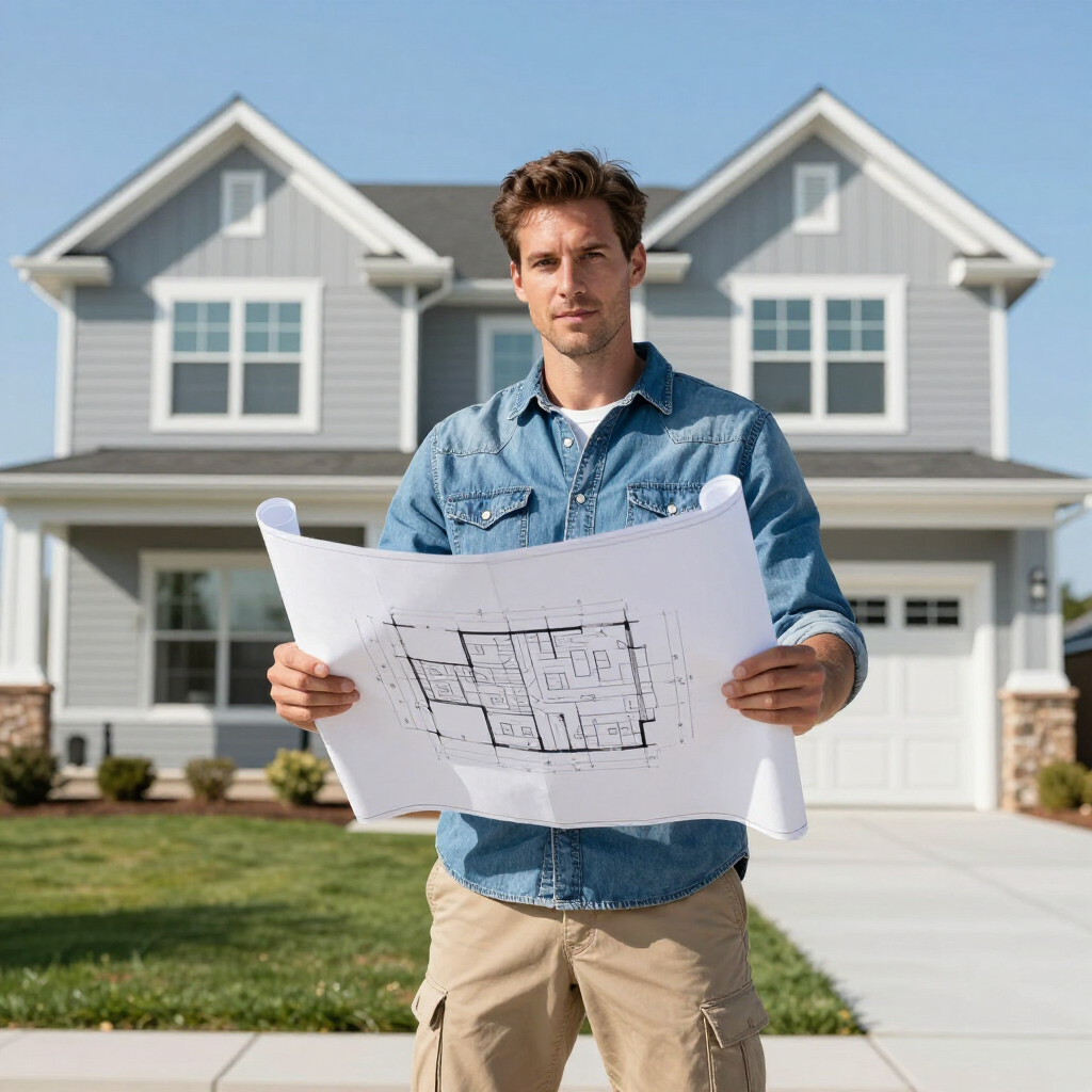 Man standing in front of a house holding a large blueprint plan