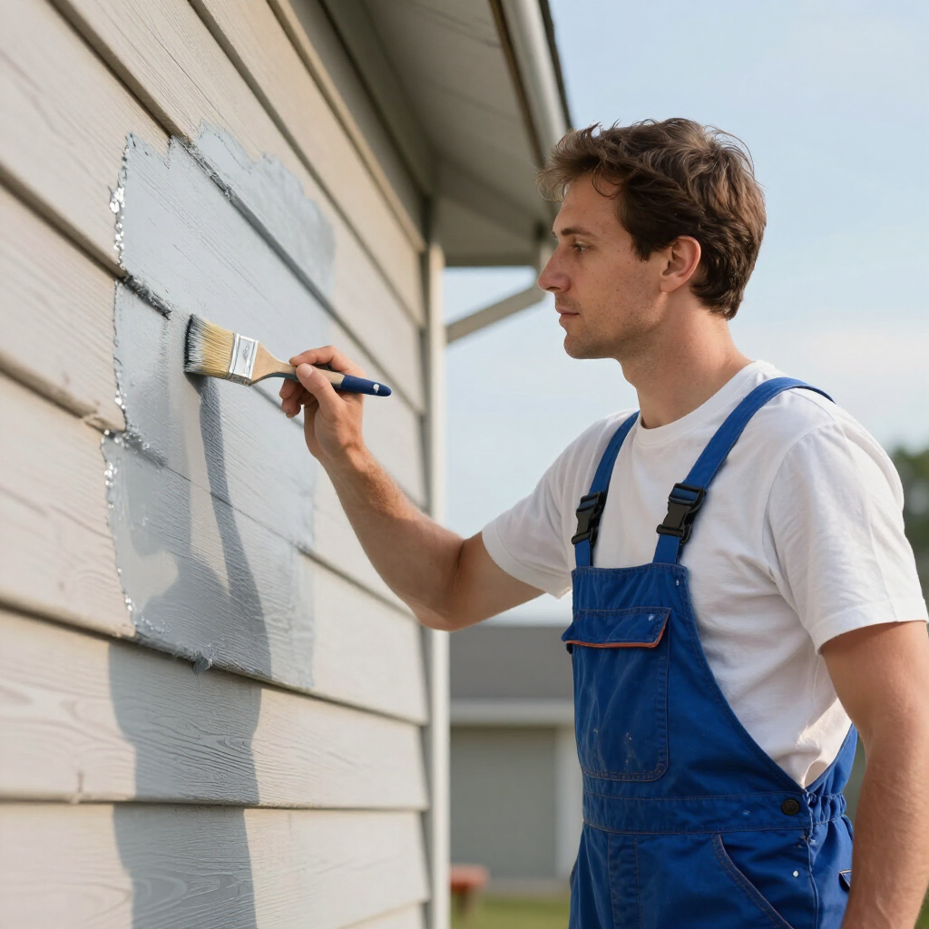 Person in blue overalls painting a house exterior wall with a brush