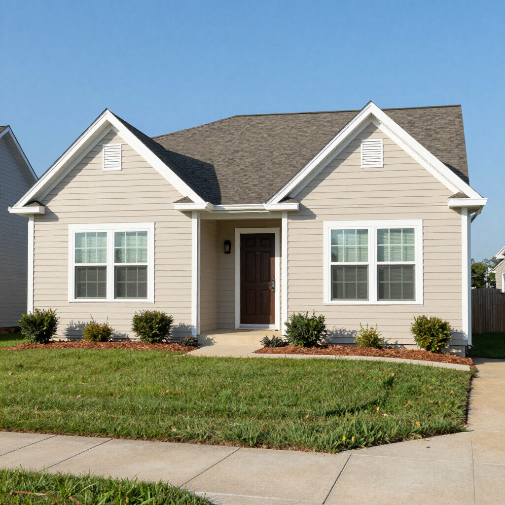 Single-story beige house with white trim, front porch, and well-kept lawn on a sunny day