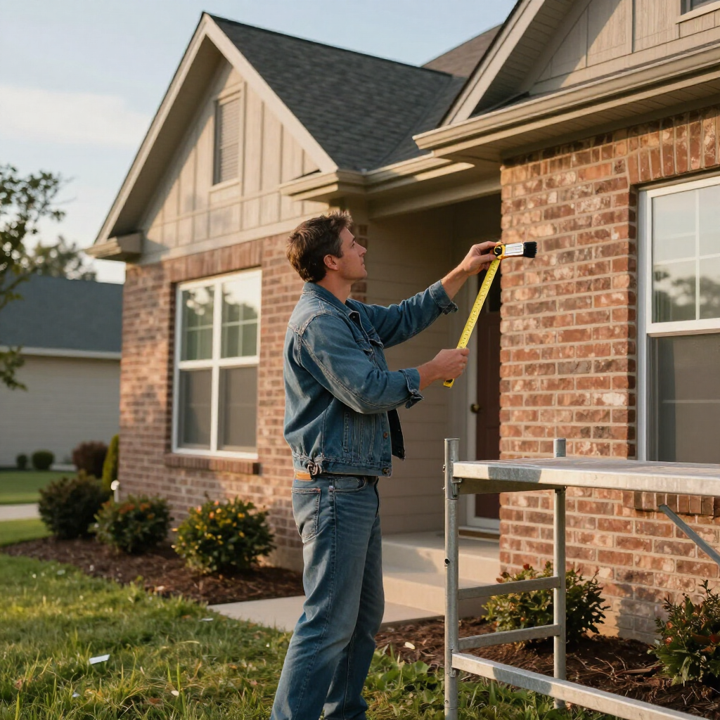 Man measuring brick wall with a tape measure beside a house exterior