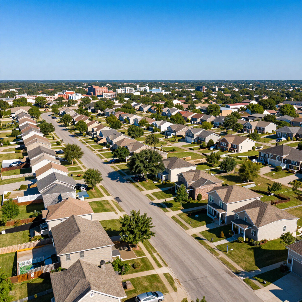 Aerial view of a suburban neighborhood with rows of houses, streets, and trees under a clear blue sky