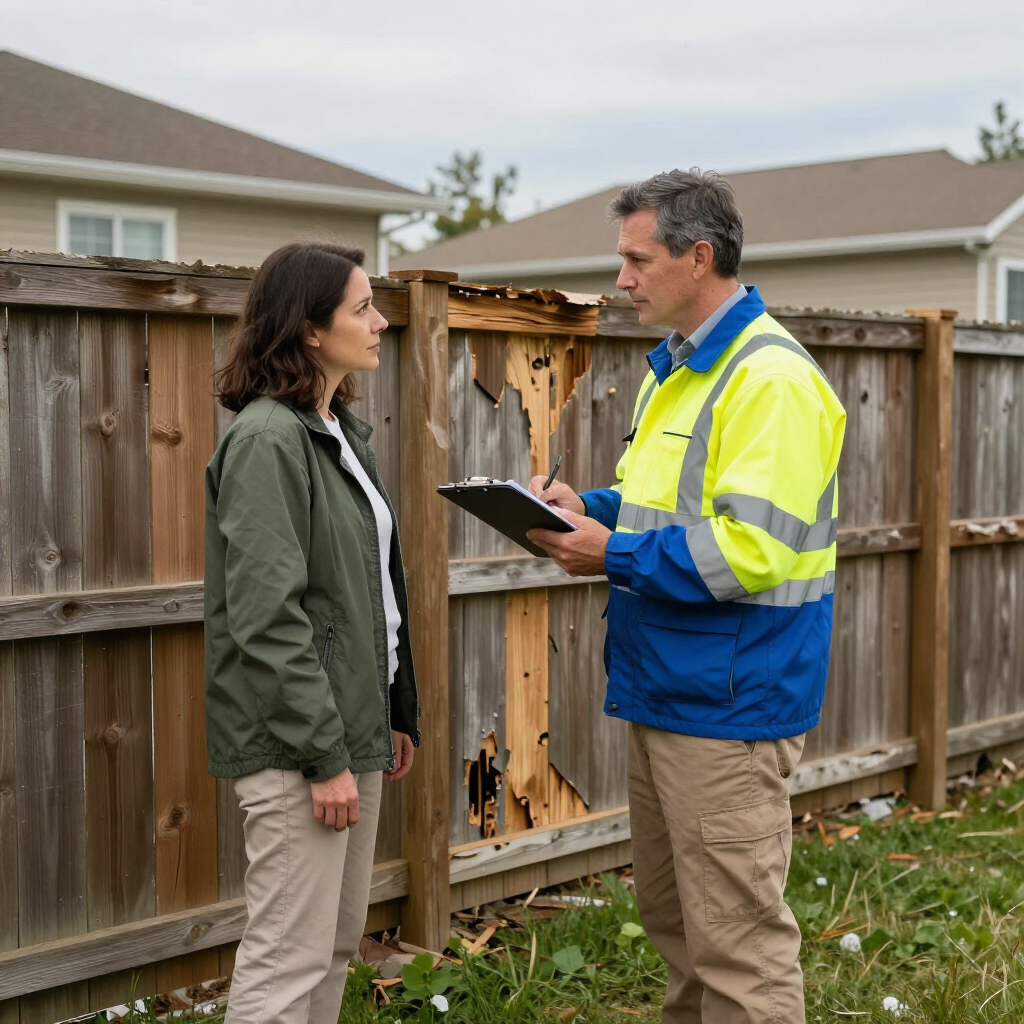 Two people talk beside a damaged wooden fence, one holding a clipboard in a backyard.