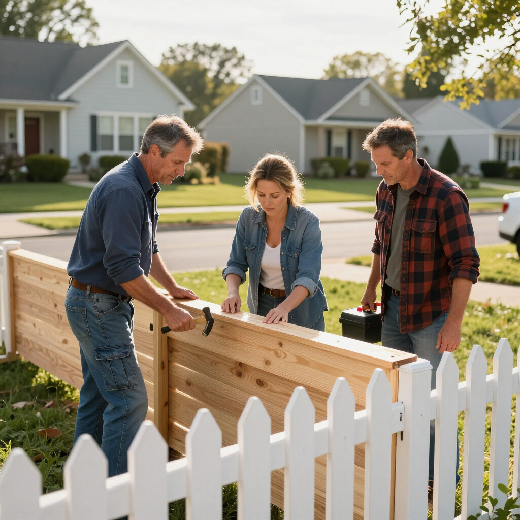 Three people assembling a wooden fence beside a white picket fence in a suburban yard.