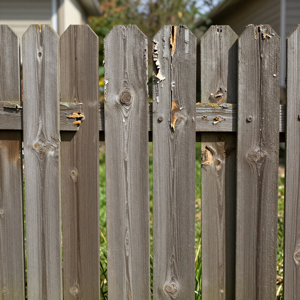 Weathered wooden picket fence with peeling paint and small gaps, with grass visible behind it