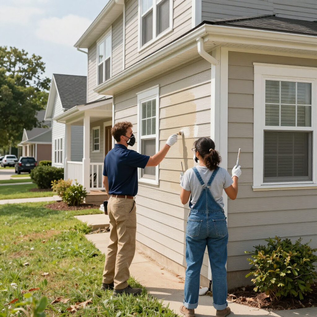 Two people paint the exterior wall of a beige house on a sunny day.