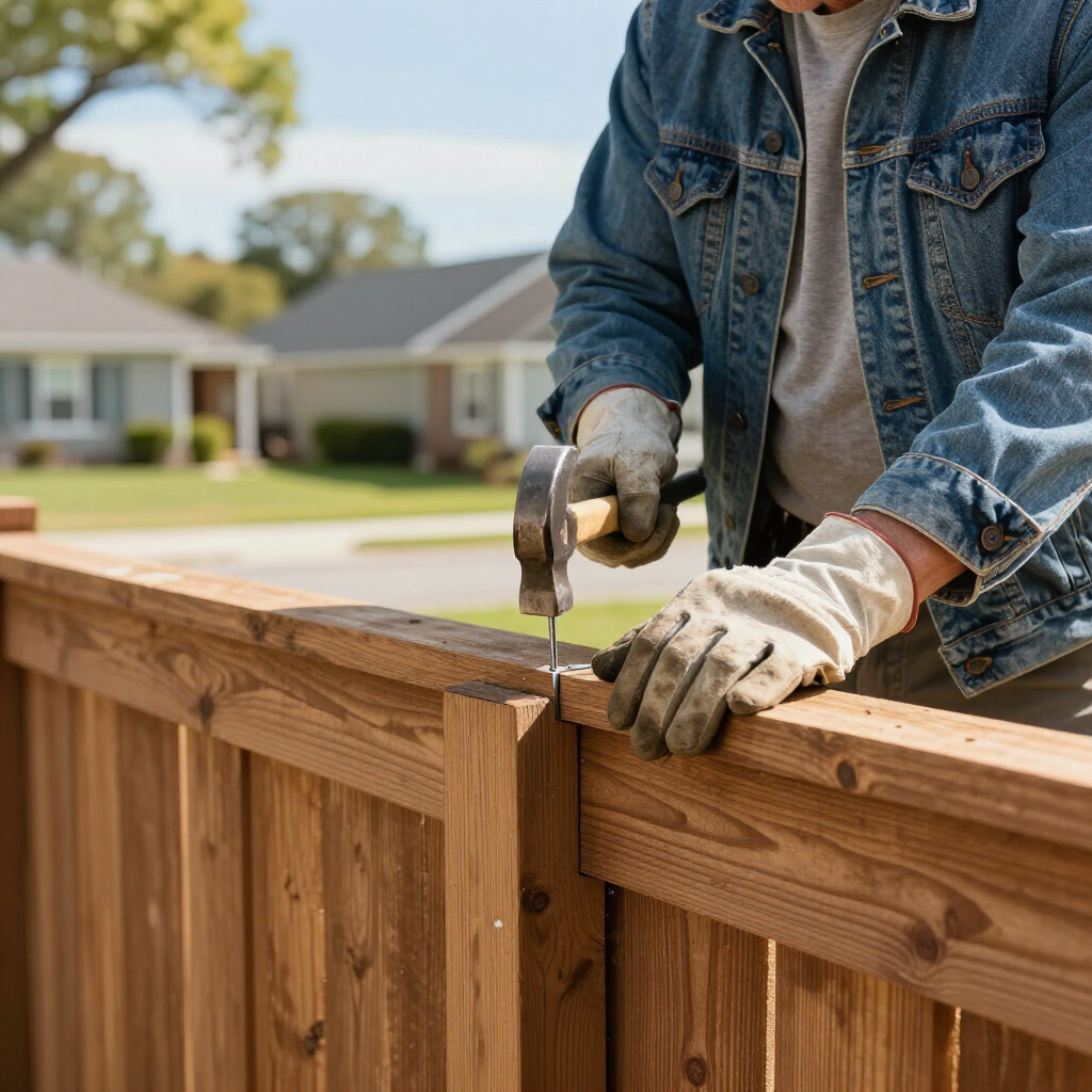 Worker in gloves hammering a wooden fence panel in a suburban yard