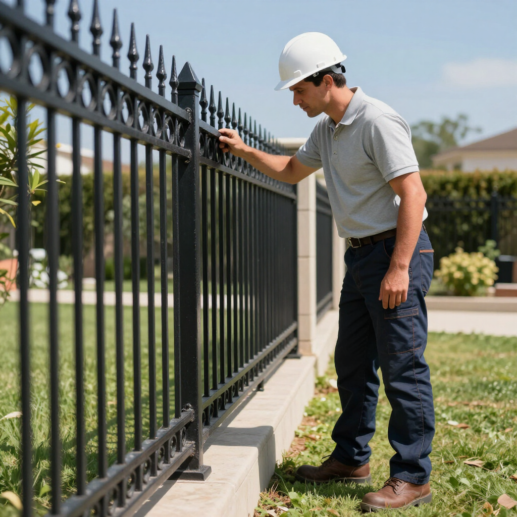 Worker in a white hard hat inspecting a black metal fence beside a lawn.