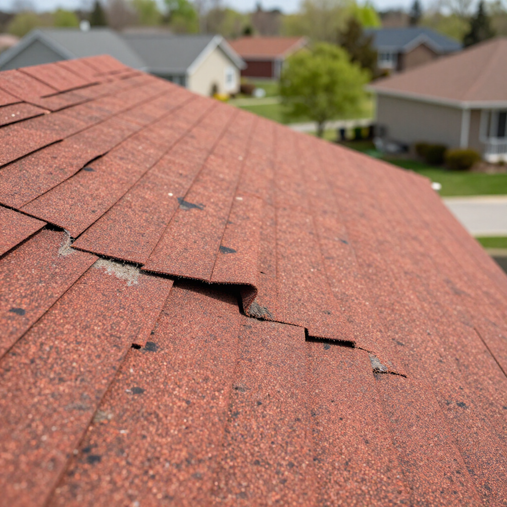 Damaged red shingle roof with lifted and missing shingles in a suburban neighborhood