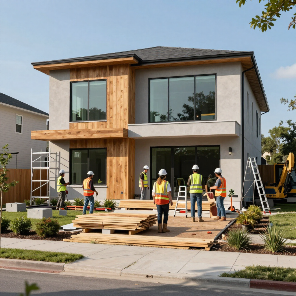 Construction crew working on a modern two-story house with wood and stucco exterior.