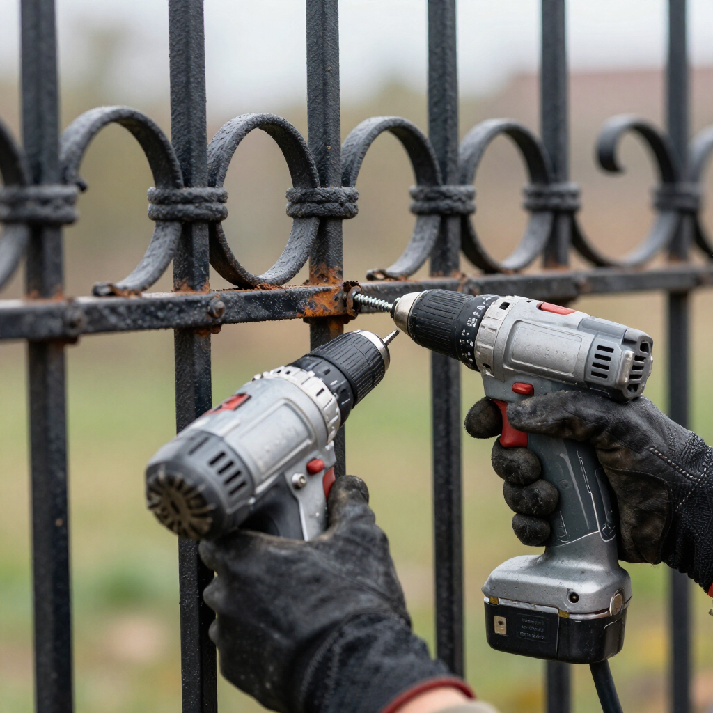 Two gloved hands use drills to remove rusted bolts from a black metal fence.