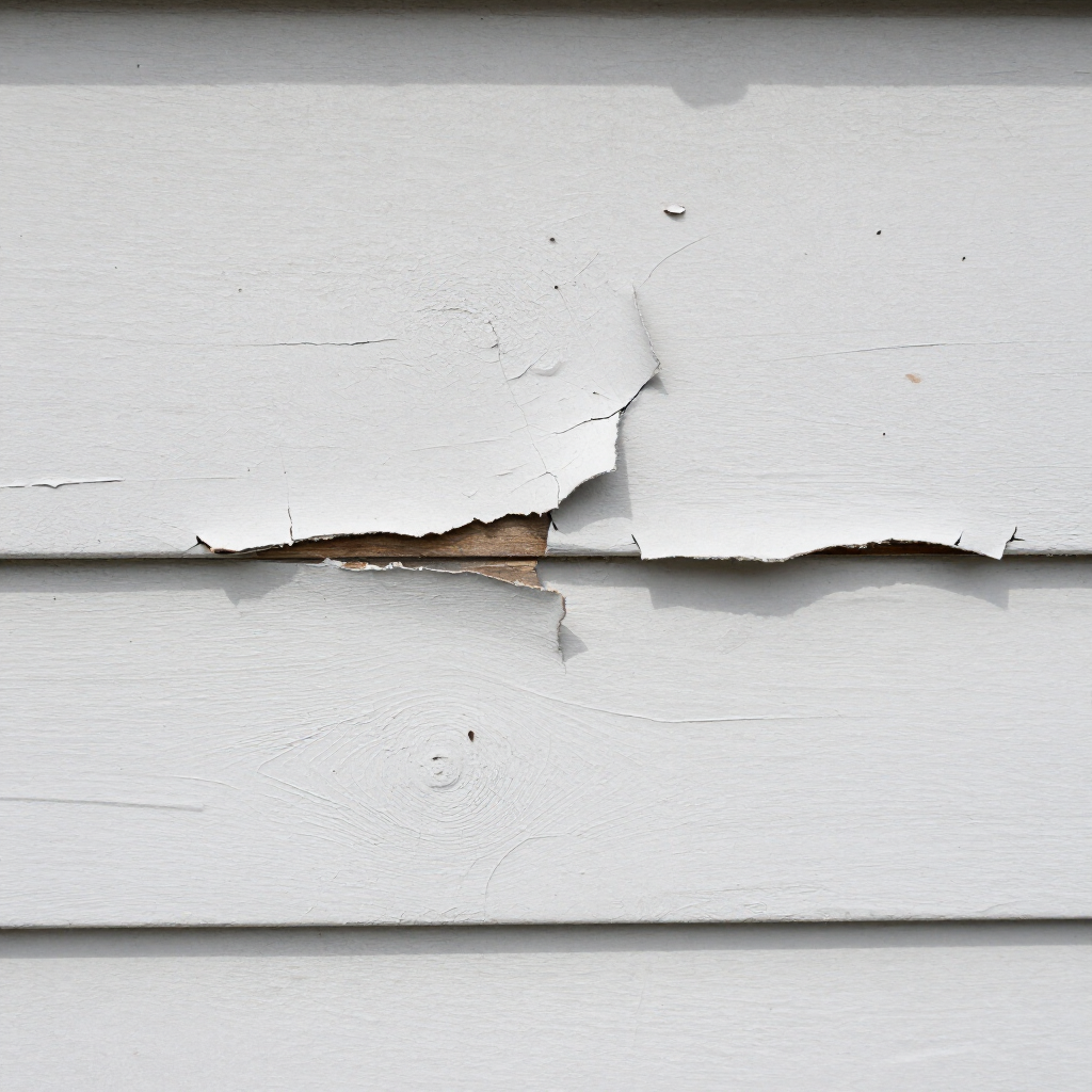 Peeling white exterior wall paint with a crack exposing brown material
