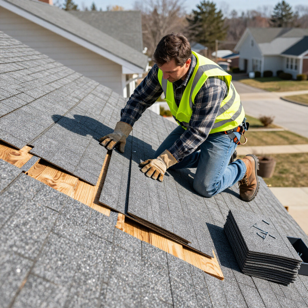 Worker installing gray roof shingles on a house roof, wearing a safety vest and kneeling beside stacked shingles.