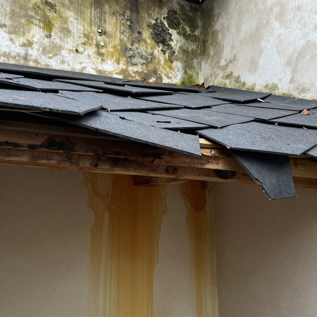 Damaged roof leaking brown water streaks down a wall beneath loose shingles