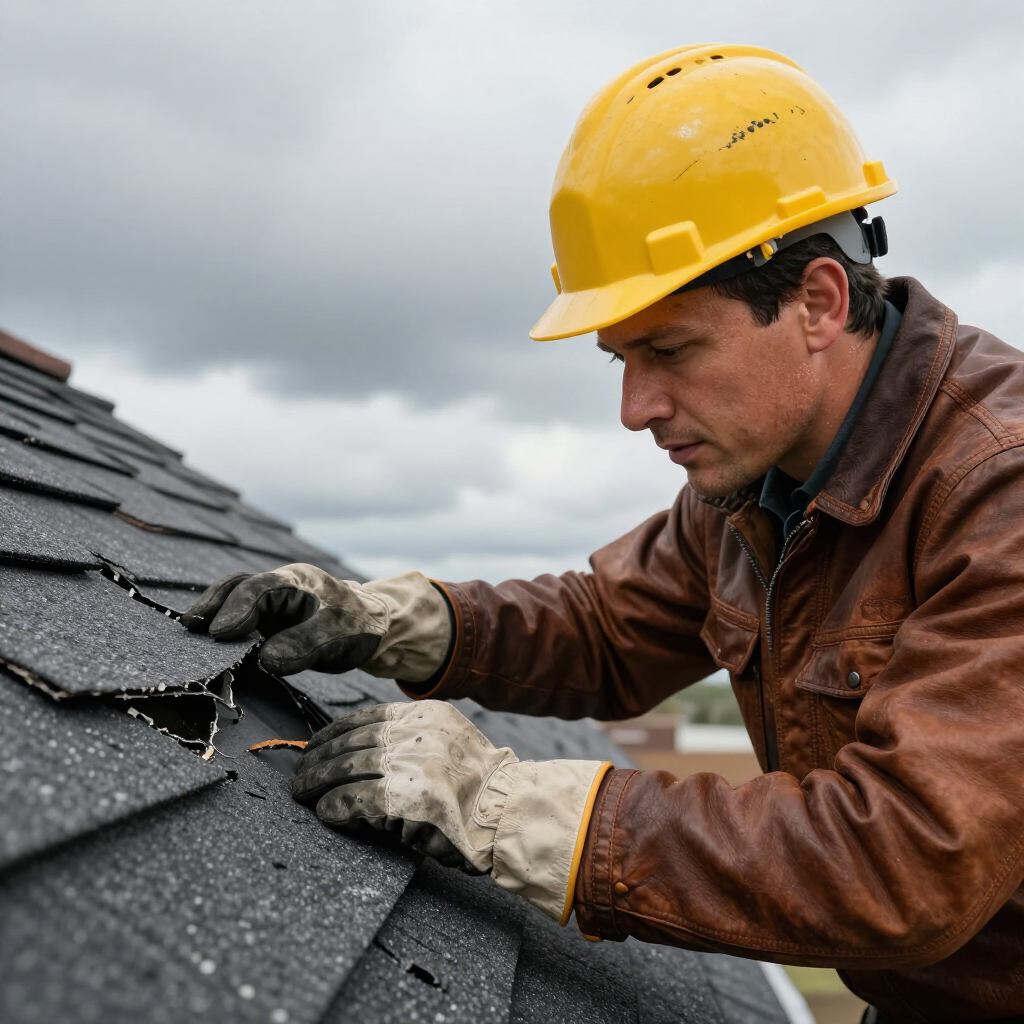 Worker in a yellow hard hat inspecting and repairing shingles on a roof under cloudy skies