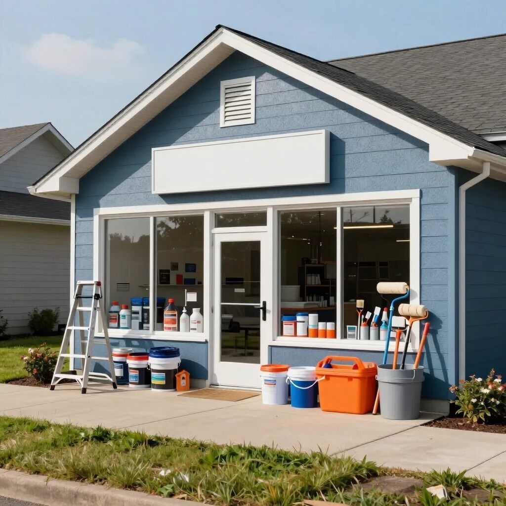 Small blue repair shop with open storefront and buckets of paint and tools outside