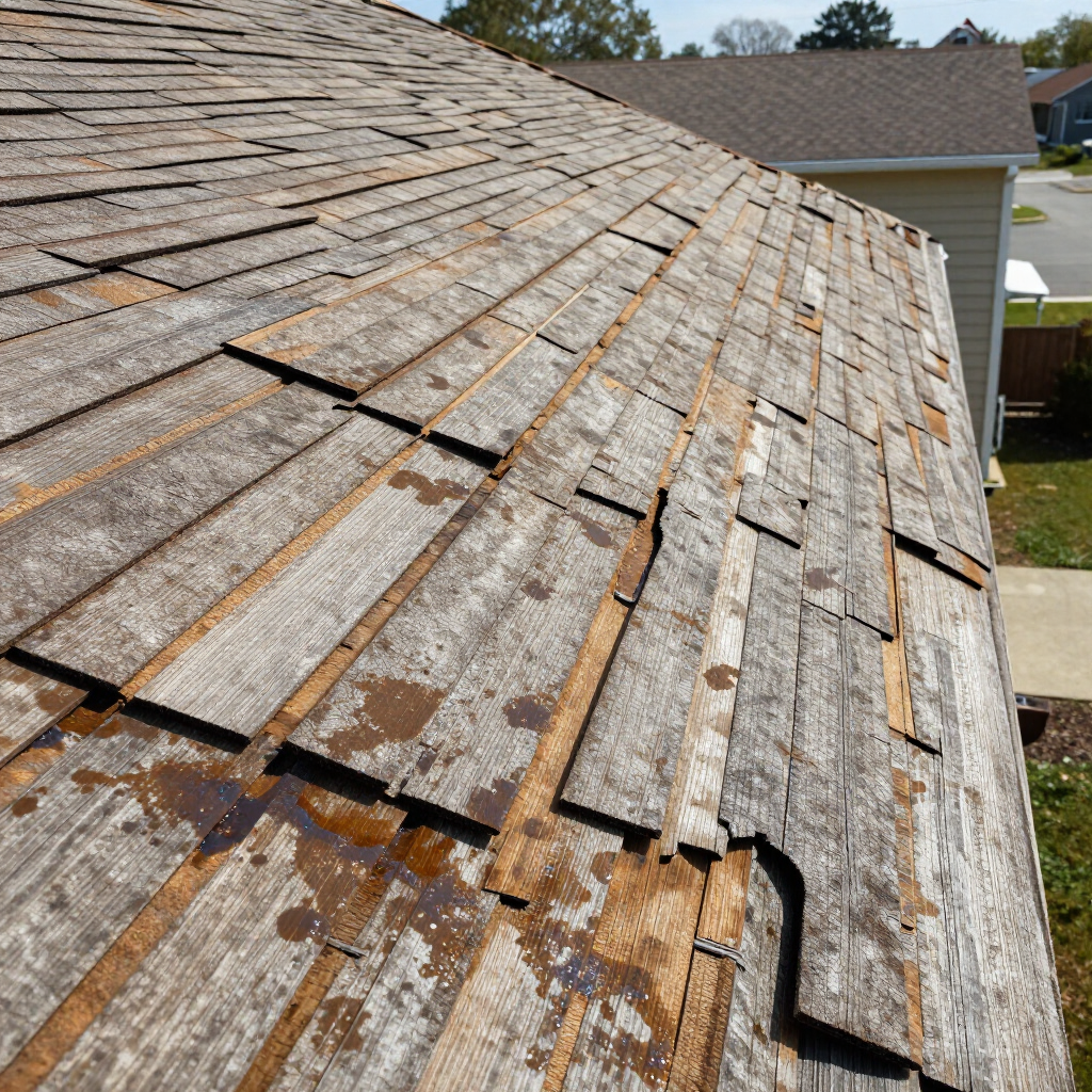 Weathered shingle roof with many loose, curling boards and visible damage on a house.