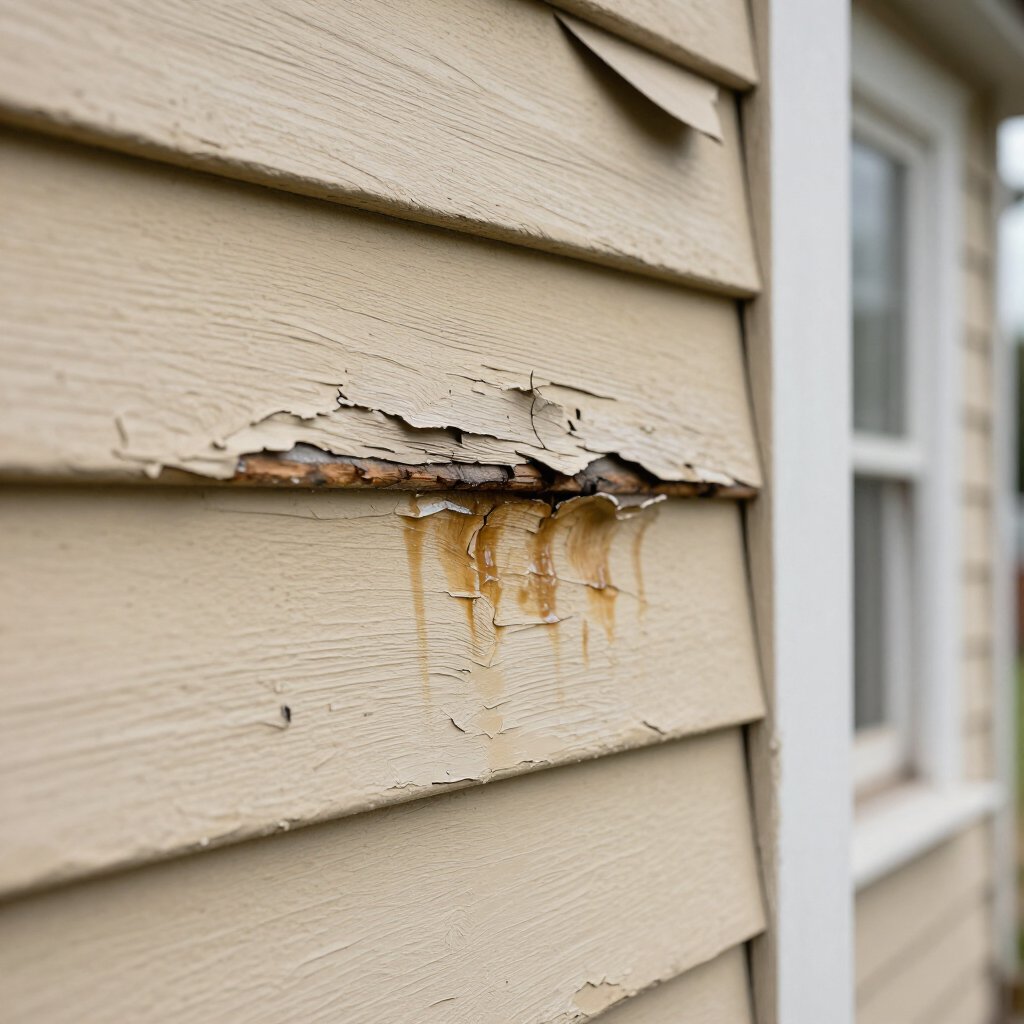 Peeling beige house siding with water damage and rust stains near a window