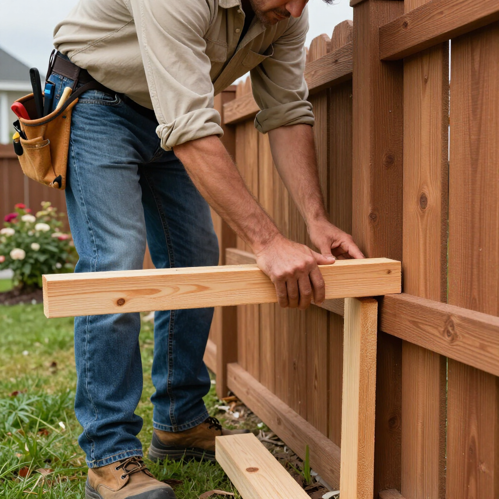 Worker aligning a wooden fence board with a level in a backyard.