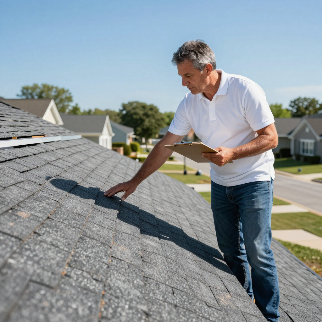 Inspector examining a gray shingled roof with a clipboard on a sunny suburban street
