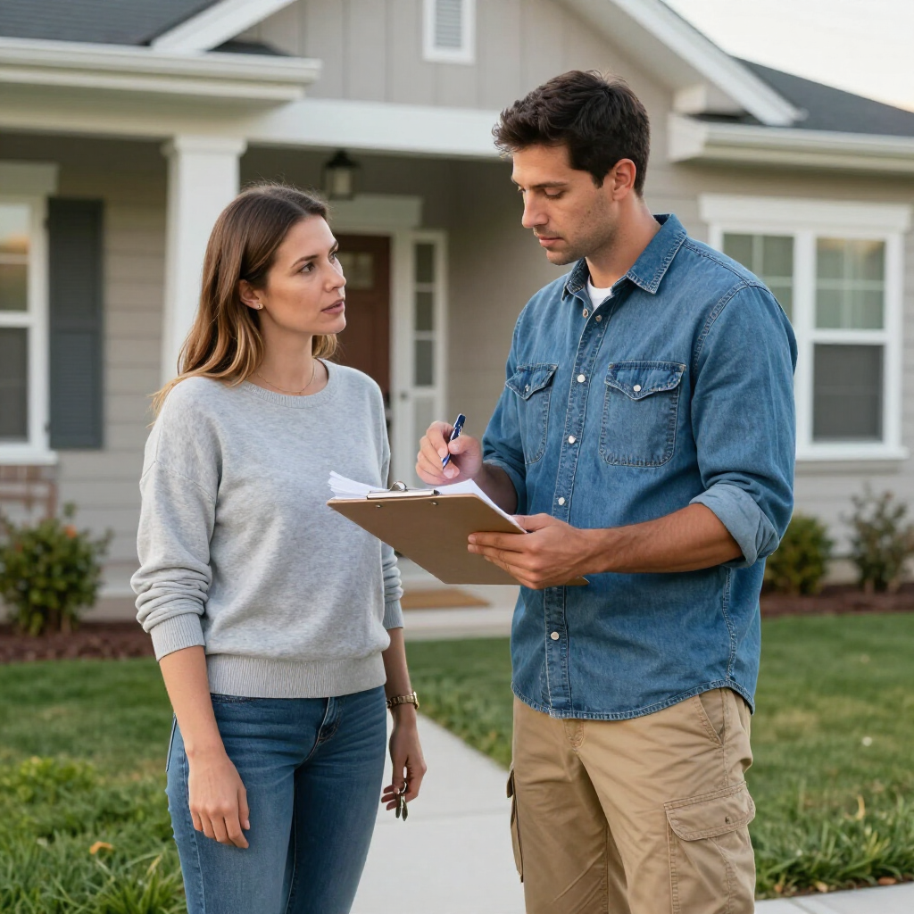 Two people reviewing documents outside a house, with one writing on a clipboard