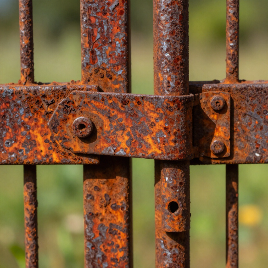 Rusty metal gate latch and bars with orange corrosion close-up