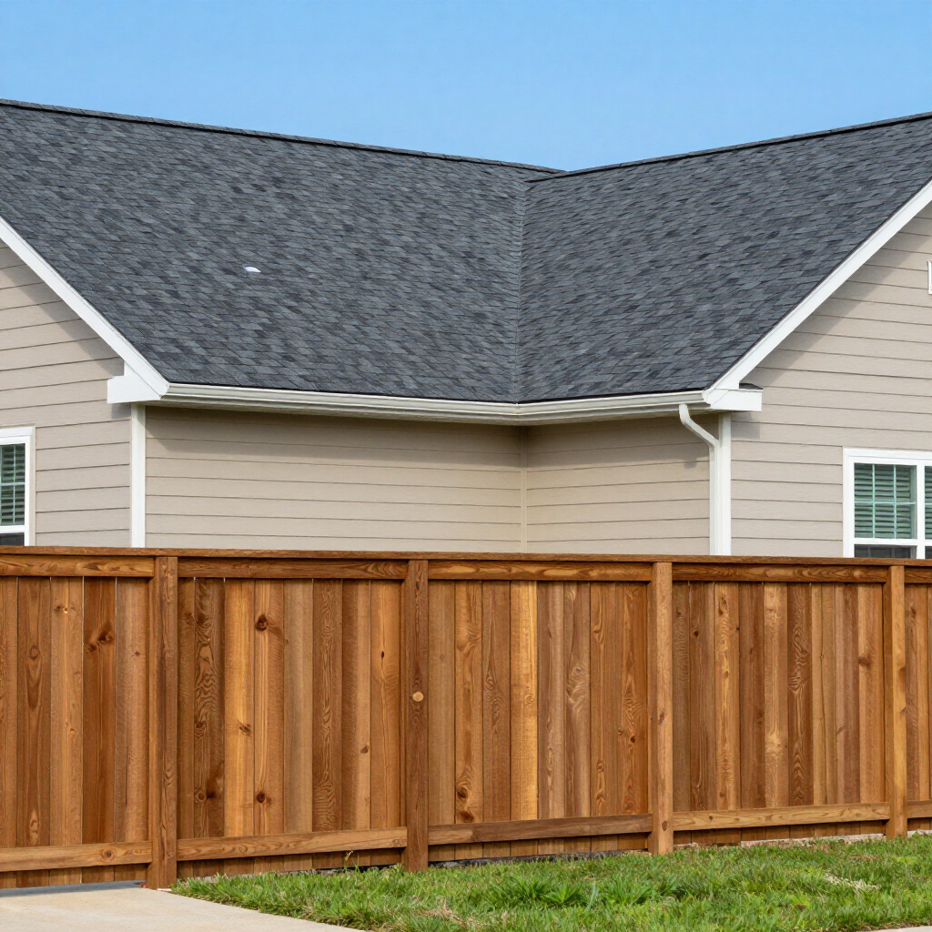 Wooden privacy fence in front of a beige house with a dark gray roof under a blue sky