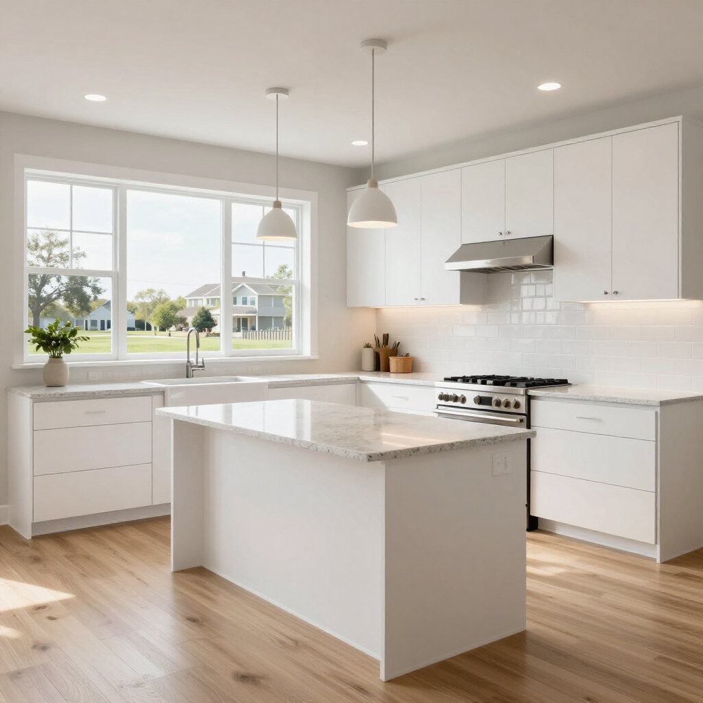 Bright modern white kitchen with island, large window, pendant lights, and wood floors