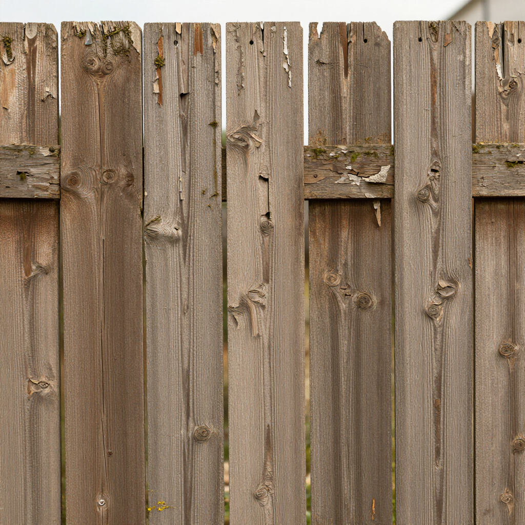 Weathered wooden fence with vertical brown planks and a small broken patch near the top.