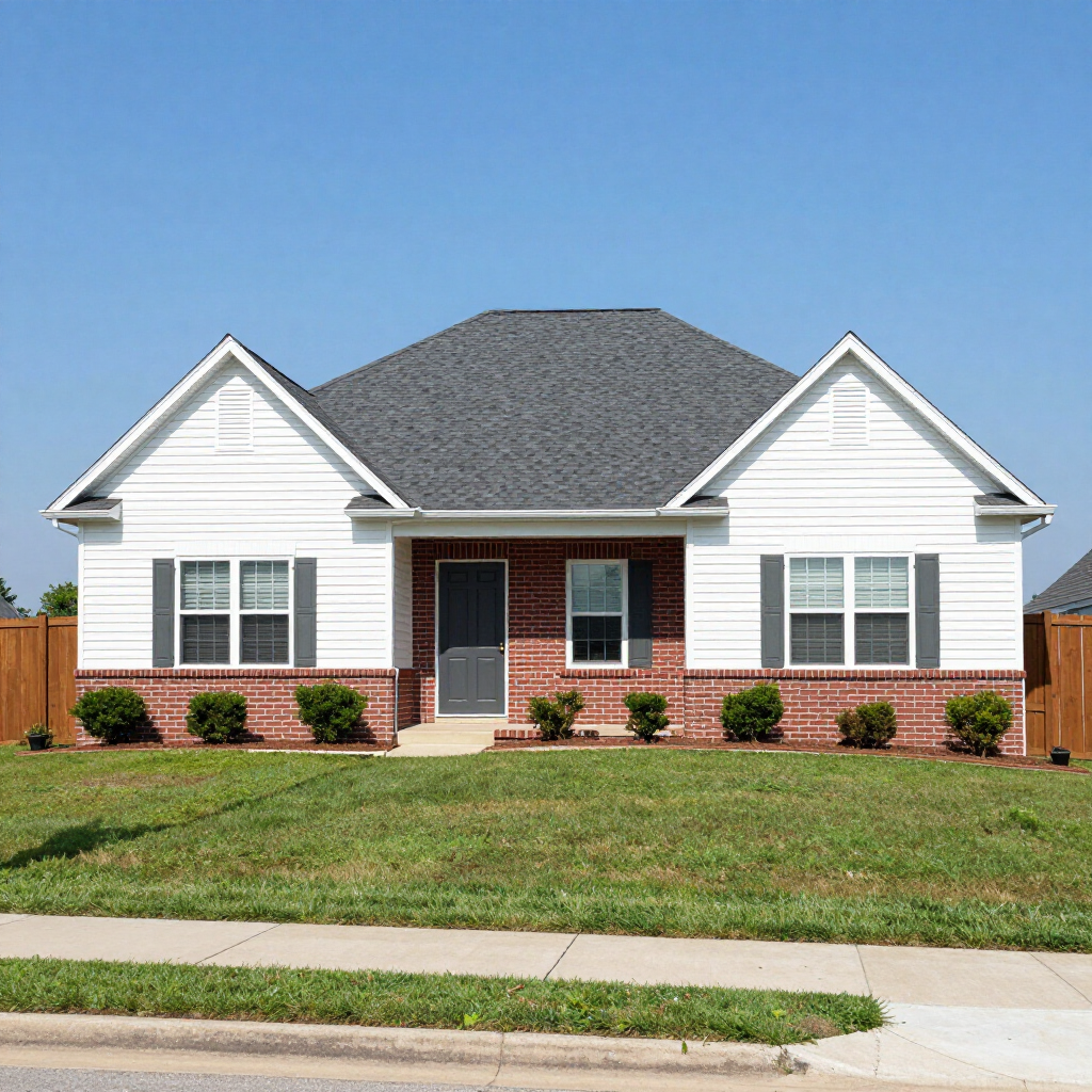 Single-story white house with red brick facade, dark roof, front lawn, and sidewalk under a clear blue sky