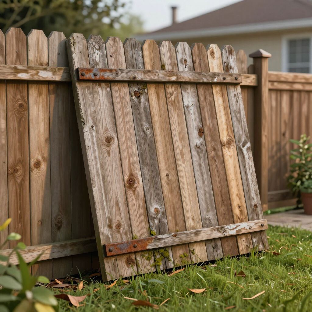 Broken wooden fence gate leaning on grass in a backyard, with weathered boards and rusted hinges
