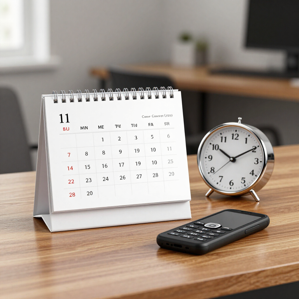 Desk calendar, analog clock, and remote on a wooden desk in a modern office