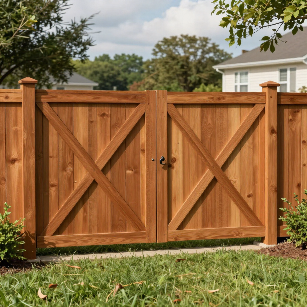 Wooden double gate with X-braced panels in a backyard fence, framed by grass and shrubs.
