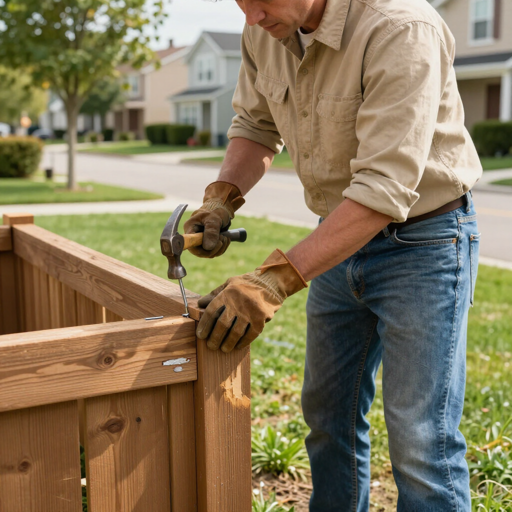 Person using a drill to assemble a wooden fence in a suburban yard