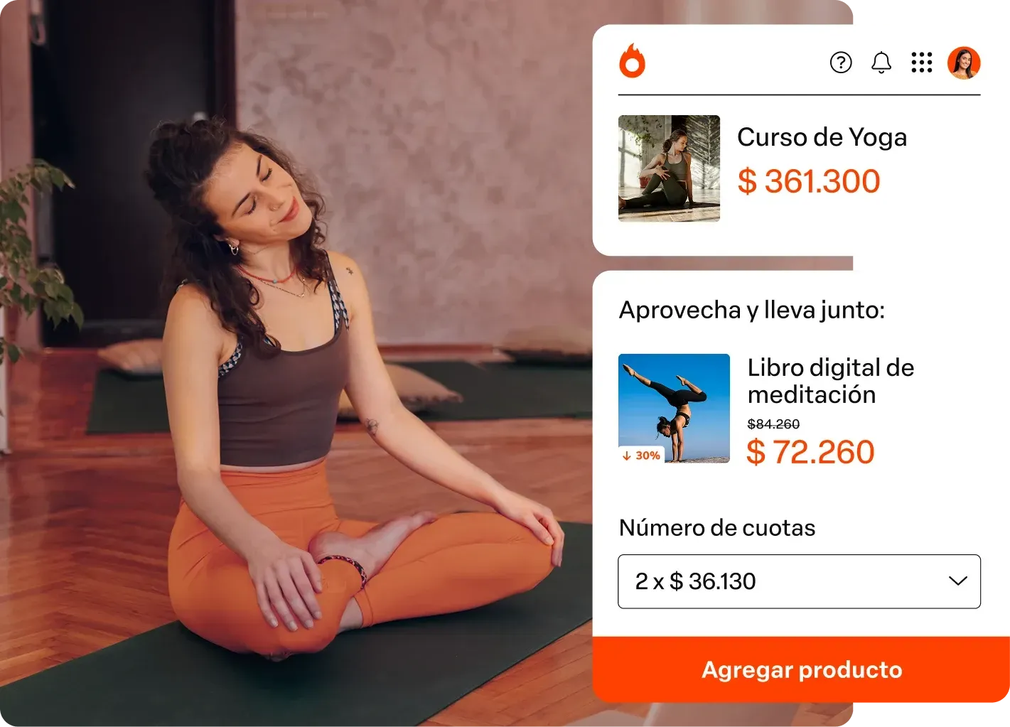 Mulher vestindo blusa preta e calça laranja senta-se de pernas cruzadas ao lado de um tapete de ioga, com um painel de compra de produtos sobreposto.