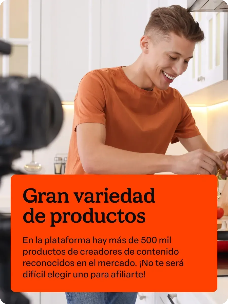 Gran variedad de productos
En la plataforma hay más de 500 mil productos de creadores de contenido reconocidos en el mercado. ¡No te va a ser difícil elegir uno para afiliarte!
