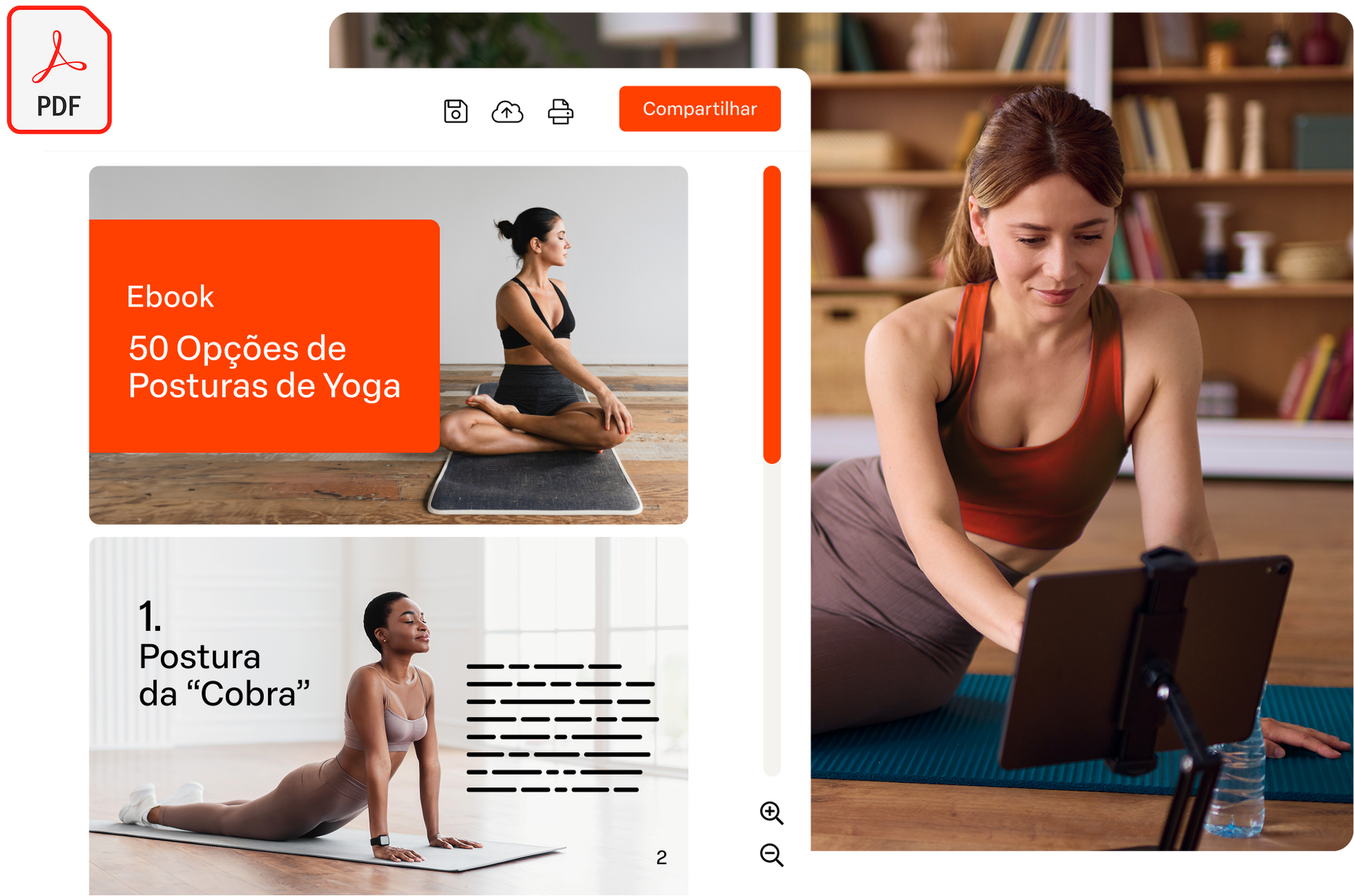 Mulher usando um tablet em um tapete de ioga ao lado de uma tela que exibe a interface de uma aula de ioga.