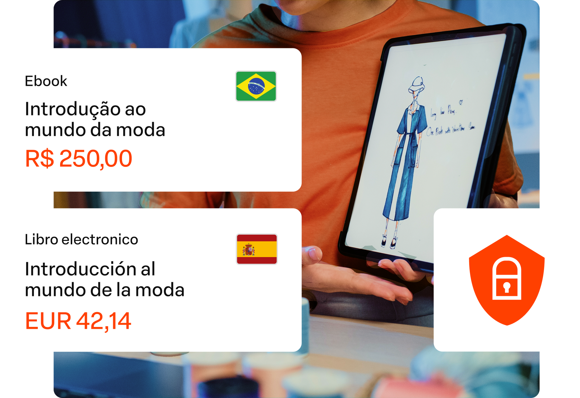Livros eletrônicos em português e espanhol com preços exibidos em cartões sobre a imagem de uma pessoa usando um tablet.