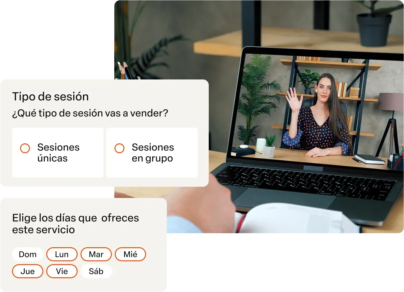 Formulário de reserva com vídeo de uma pessoa em um laptop e opções para sessões individuais ou em grupo.