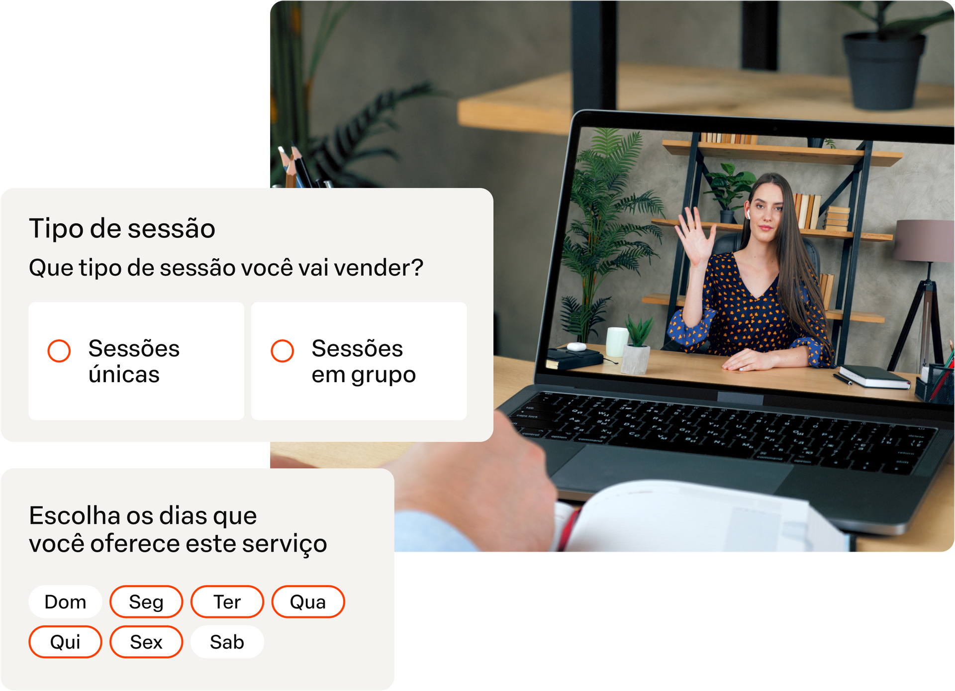Tela de laptop com uma videoconferência e formulário em português sobre tipo de sessão e dias de serviço.